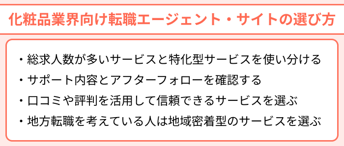 化粧品業界向け転職エージェント・サイトを選ぶ際のポイントについてのイラスト